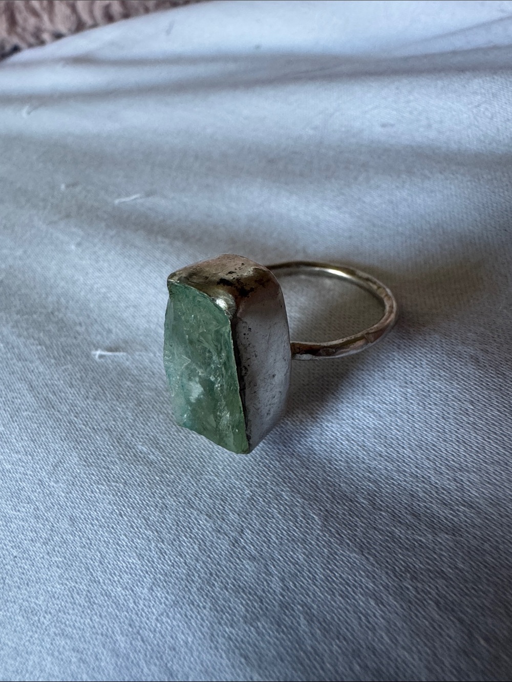 Handcrafted Raw Green Stone Silver Ring - Unbranded